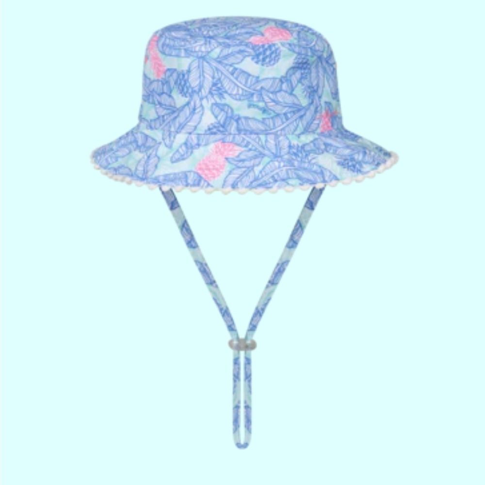 Millymook Tropics Girls Floral Blue Bucket Hat Strap (Small 2-5) SPF50